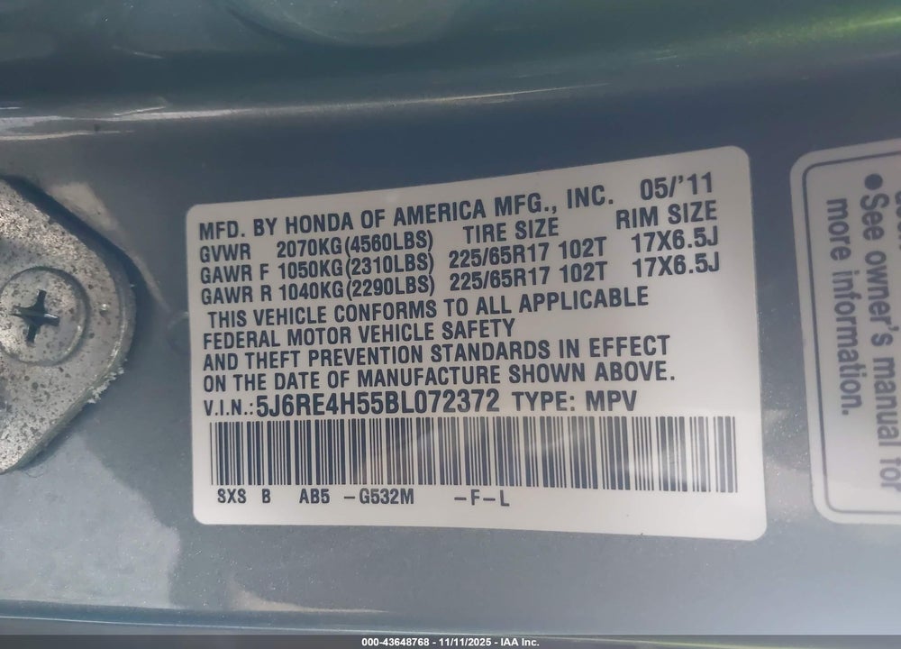 2011 HONDA CR-V VIN: 5J6RE4H55BL072372