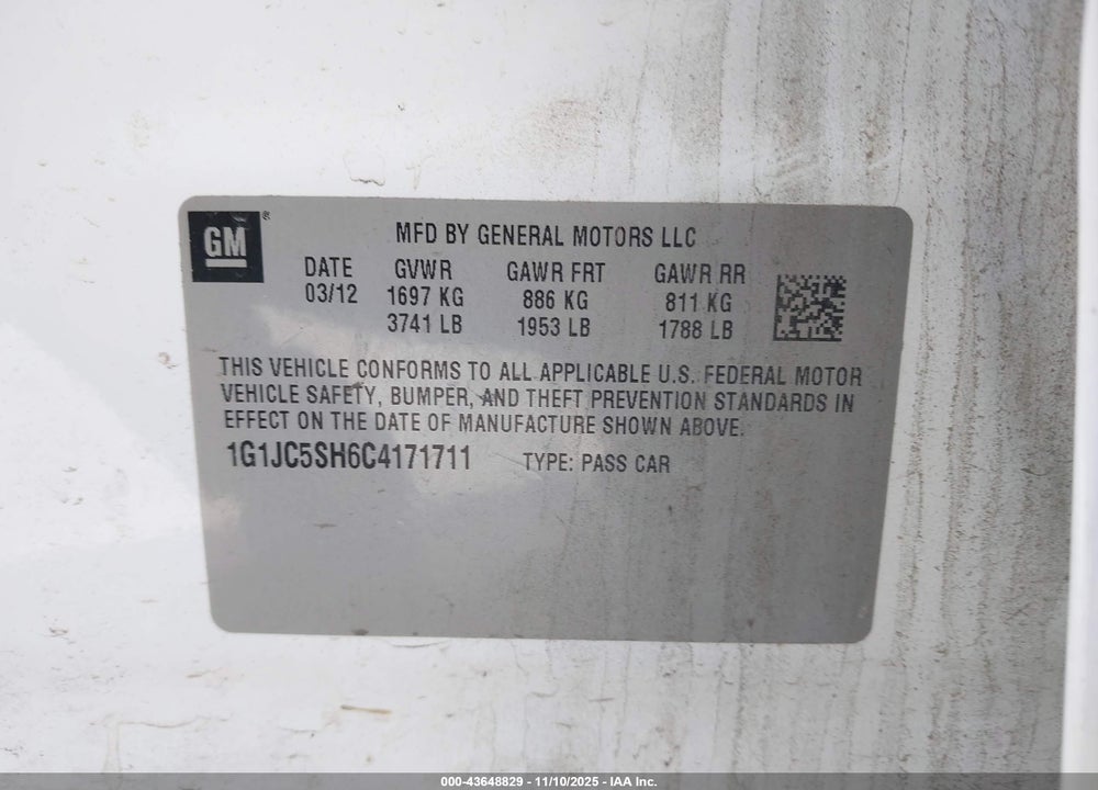 2012 CHEVROLET SONIC 2LT VIN: 1G1JC5SH6C4171711