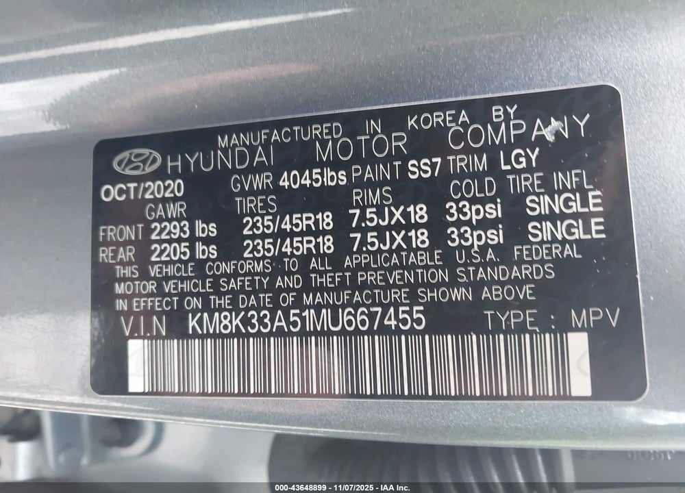 2021 HYUNDAI KONA LIMITED VIN: KM8K33A51MU667455
