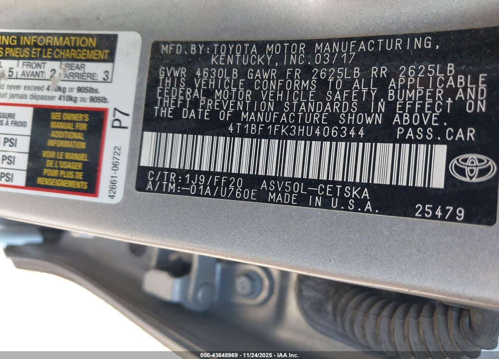 2017 TOYOTA CAMRY SE VIN: 4T1BF1FK3HU406344