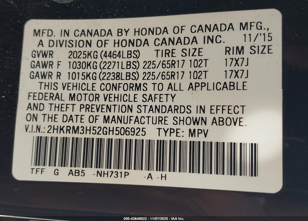 2016 HONDA CR-V EX VIN: 2HKRM3H52GH506925