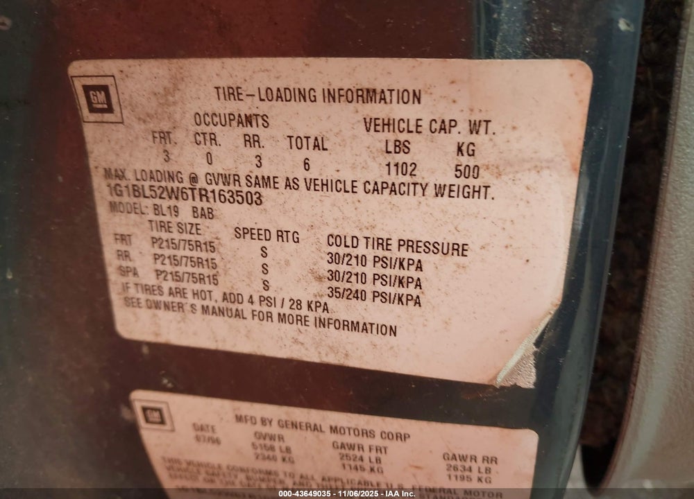 1996 CHEVROLET CAPRICE CLASSIC VIN: 1G1BL52W6TR163503