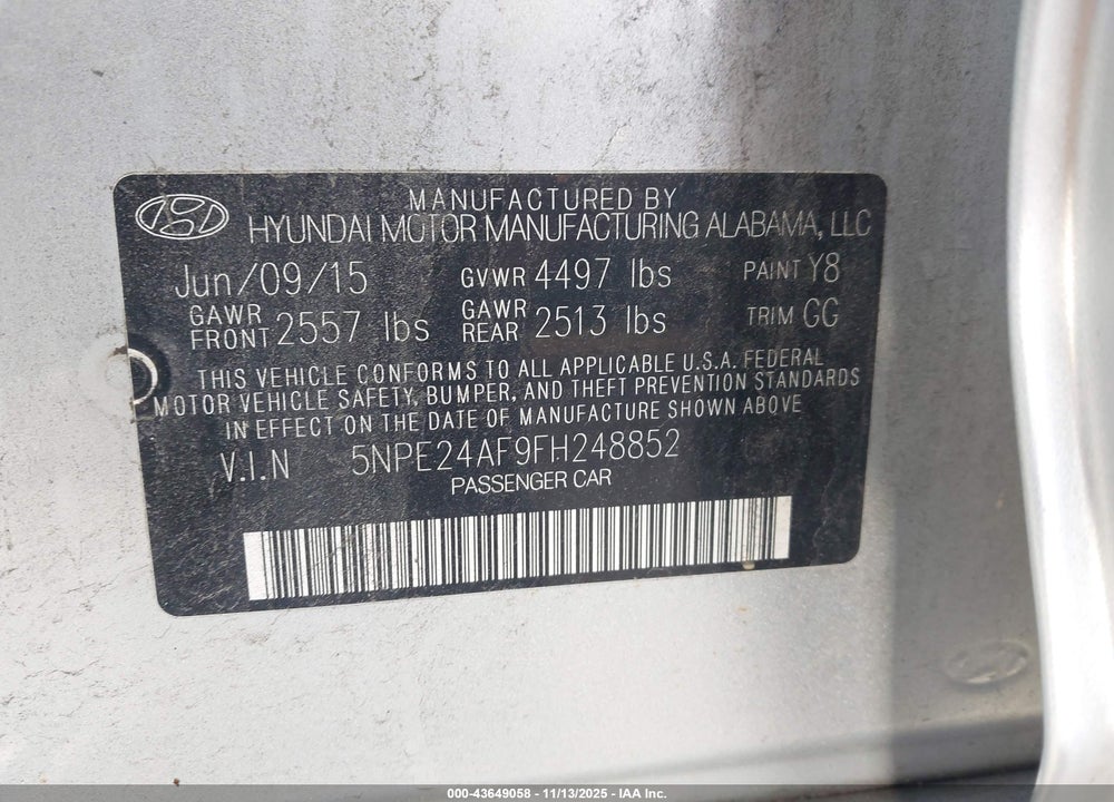 2015 HYUNDAI SONATA SE VIN: 5NPE24AF9FH248852