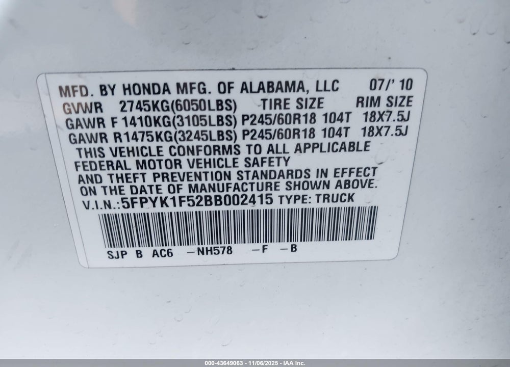 2011 HONDA RIDGELINE RTL VIN: 5FPYK1F52BB002415