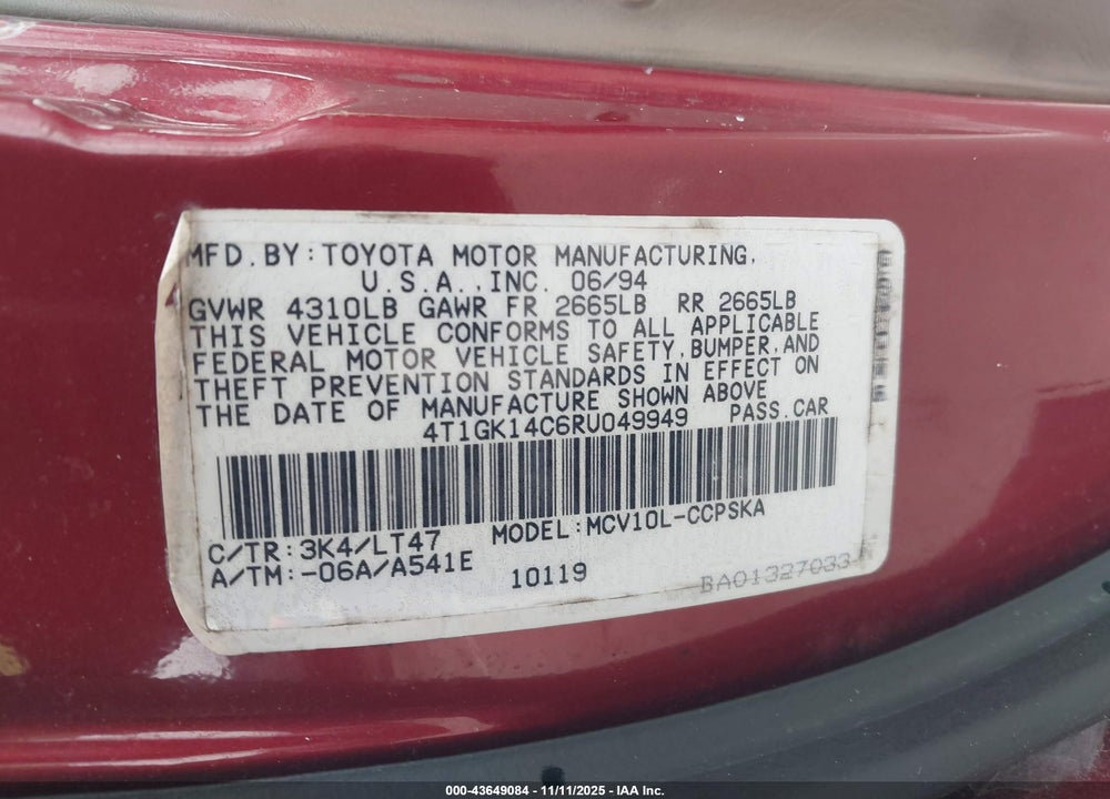 1994 TOYOTA CAMRY SE VIN: 4T1GK14C6RU049949