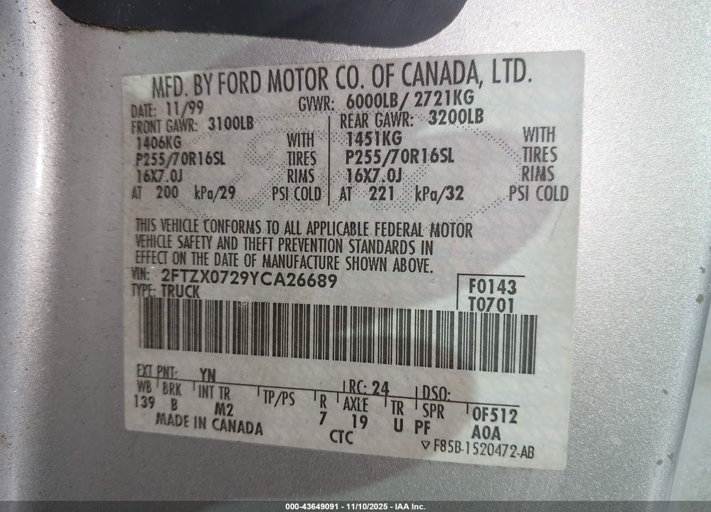 2000 FORD F-150 XL/XLT VIN: 2FTZX0729YCA26689