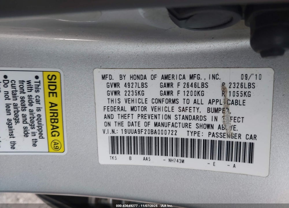 2011 ACURA TL 3.7 VIN: 19UUA9F20BA000722