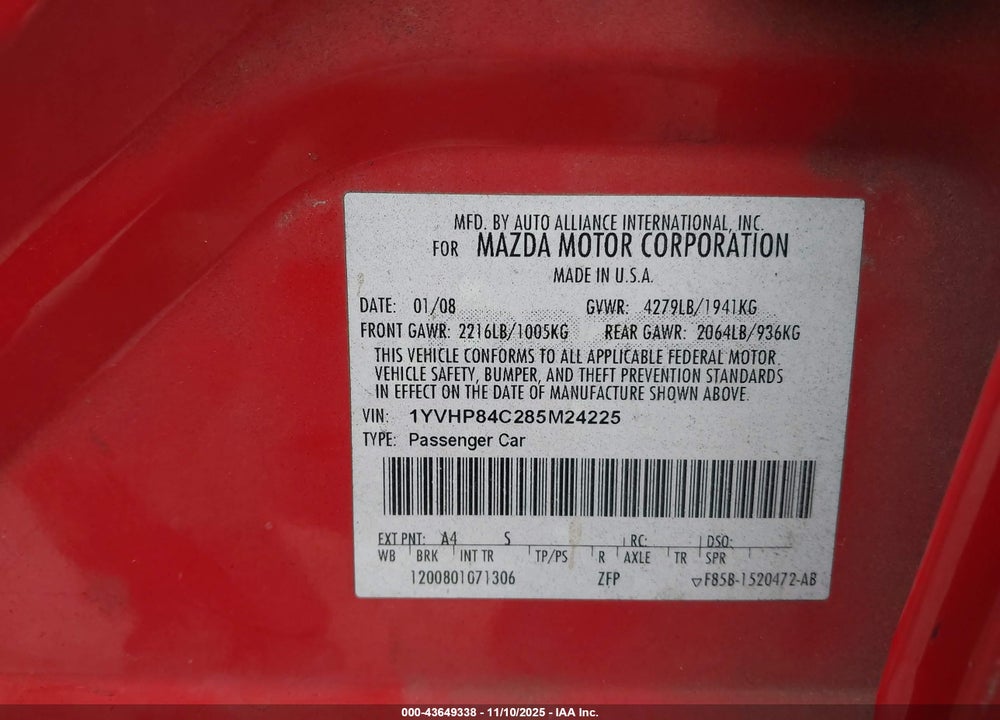 2008 MAZDA 6 I SPORT VE VIN: 1YVHP84C285M24225