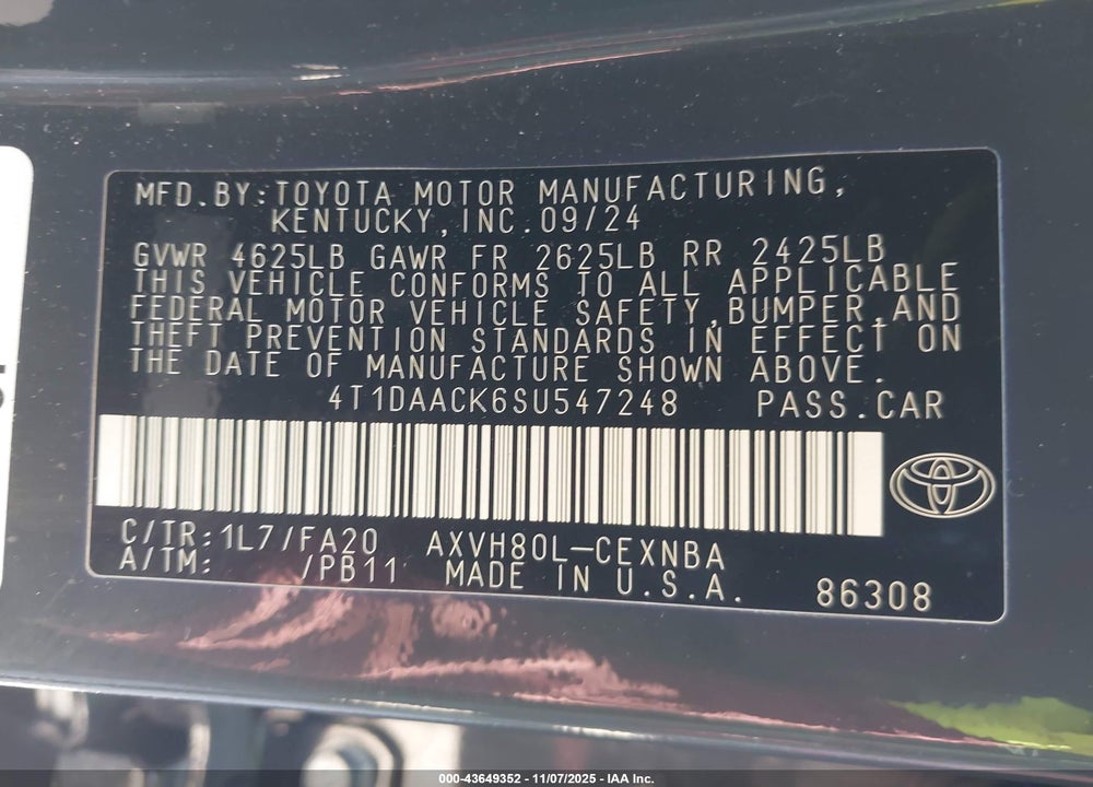 2025 TOYOTA CAMRY VIN: 4T1DAACK6SU547248