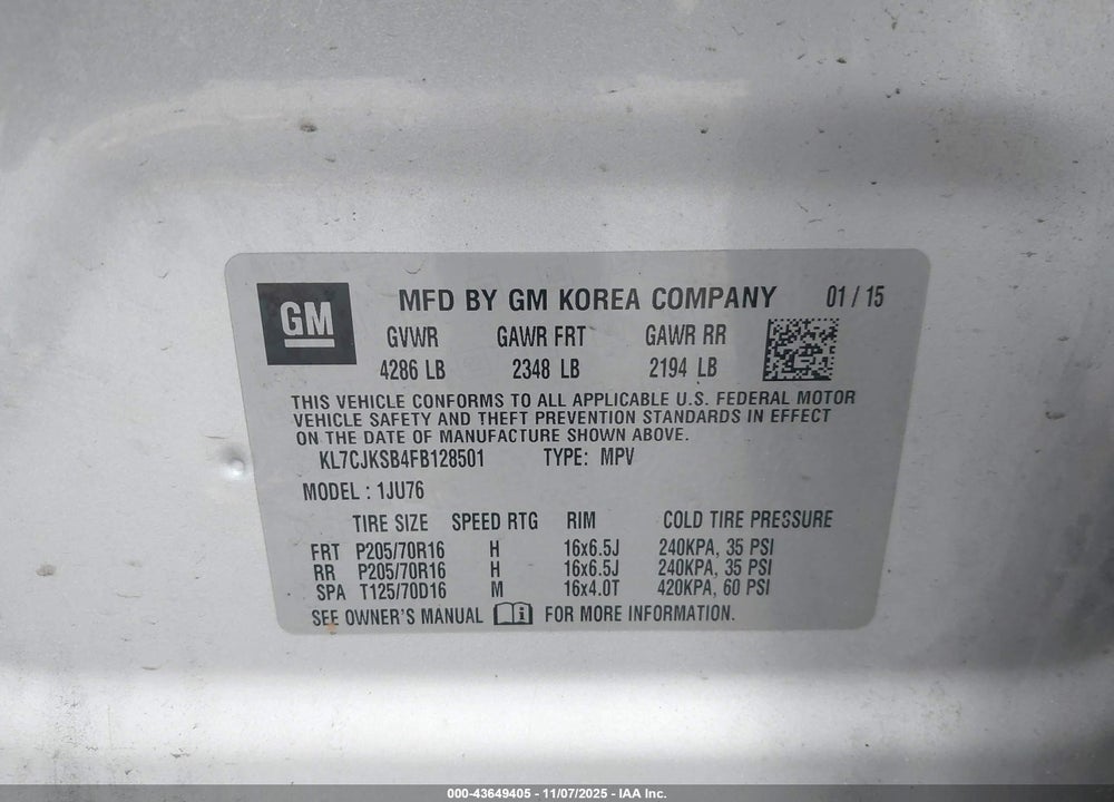 2015 CHEVROLET TRAX 1LS VIN: KL7CJKSB4FB128501