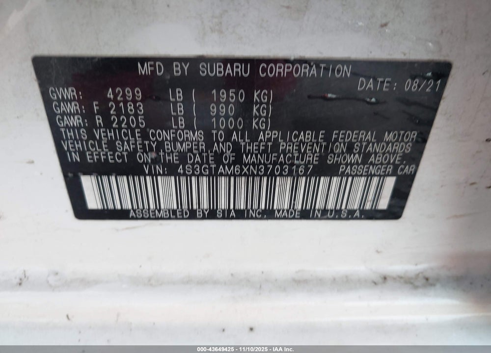 2022 SUBARU IMPREZA SPORT 5-DOOR VIN: 4S3GTAM6XN3703167