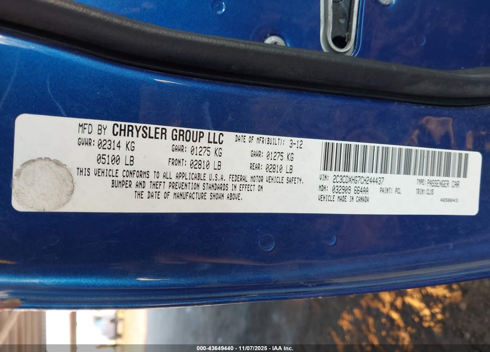 2012 DODGE CHARGER SXT VIN: 2C3CDXHG7CH244437