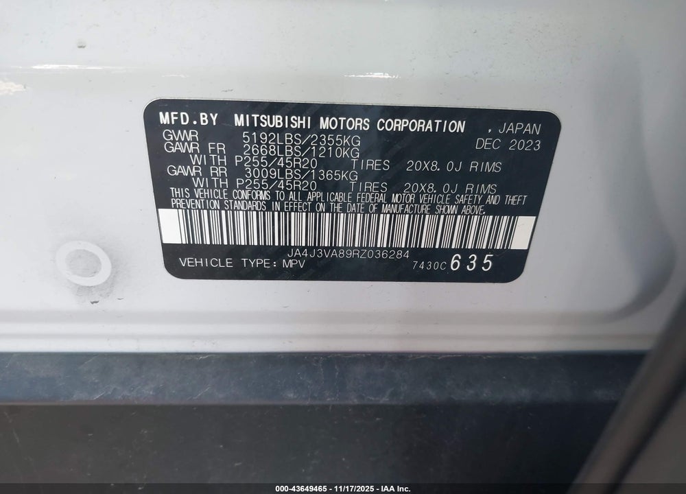 2024 MITSUBISHI OUTLANDER VIN: JA4J3VA89RZ036284