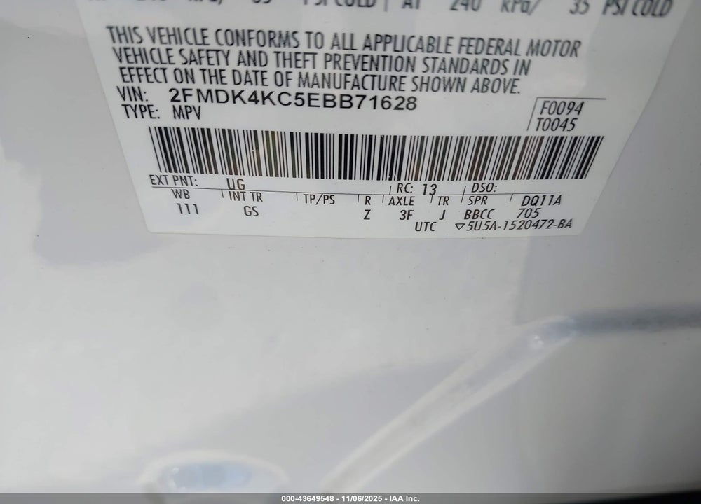 2014 FORD EDGE VIN: 2FMDK4KC5EBB71628