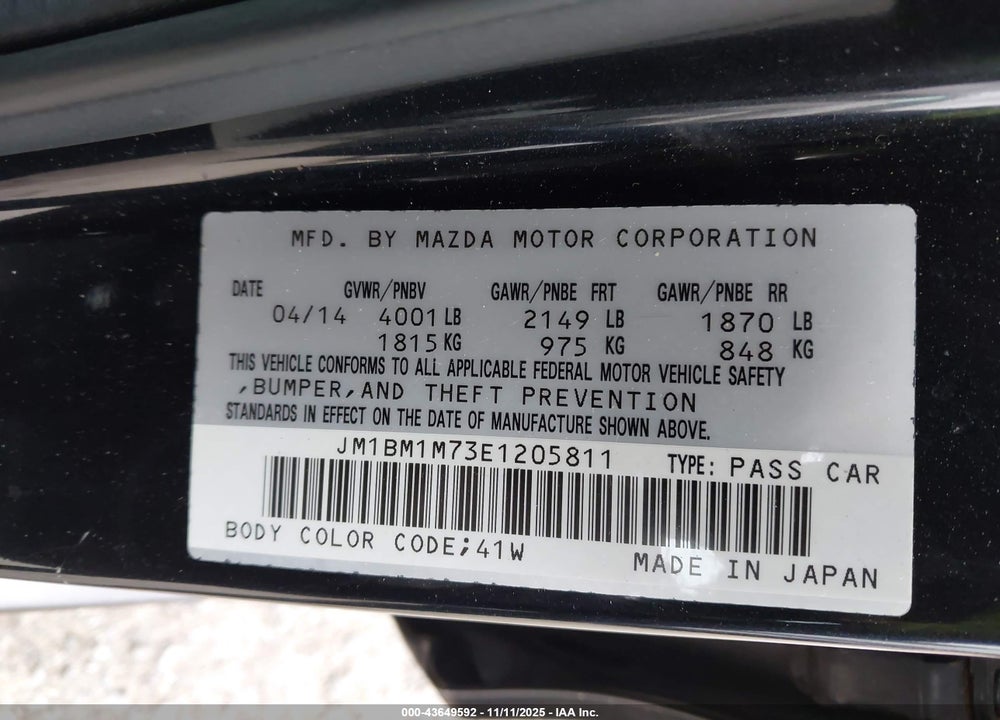 2014 MAZDA 3 VIN: JM1BM1M73E1205811