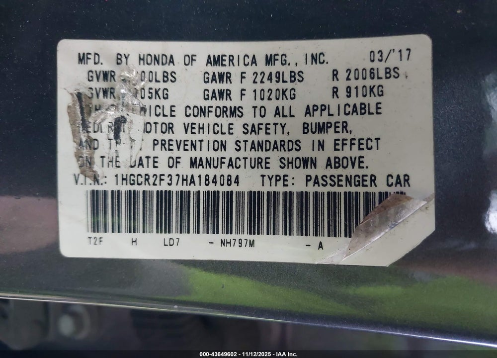 2017 HONDA ACCORD LX VIN: 1HGCR2F37HA184084