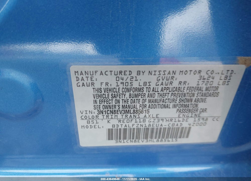 2021 NISSAN VERSA VIN: 3N1CN8EV3ML885615
