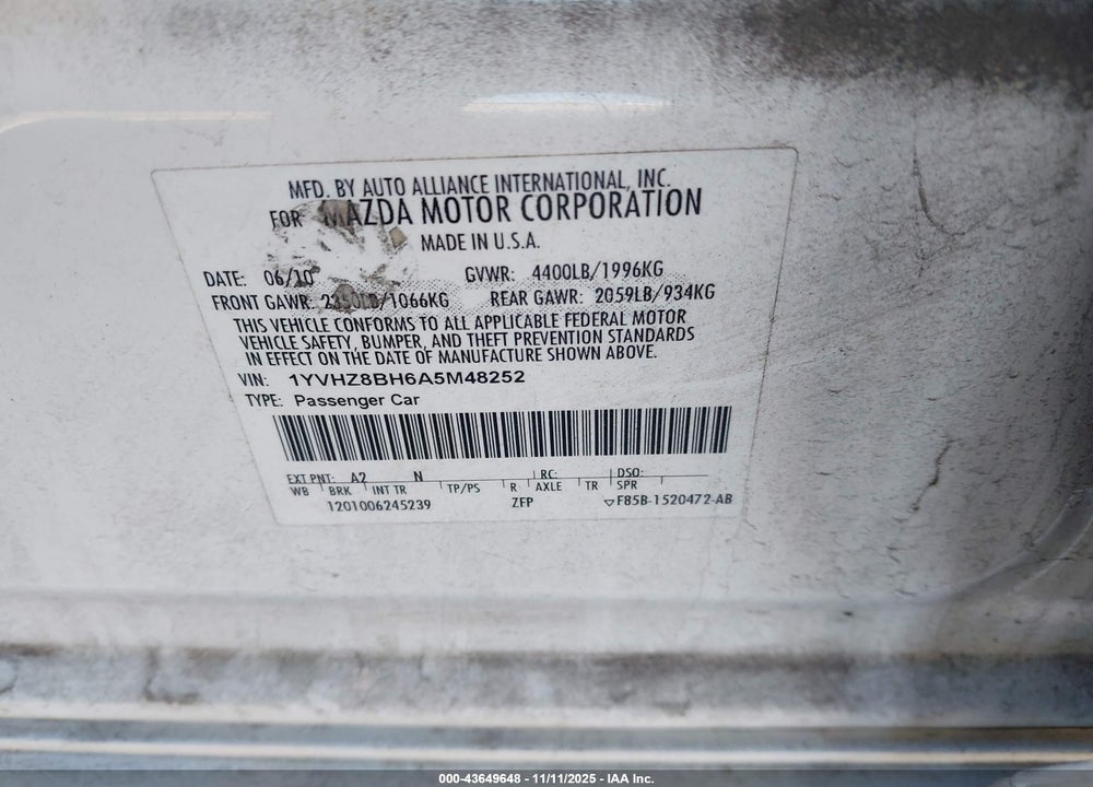2010 MAZDA 6 VIN: 1YVHZ8BH6A5M48252