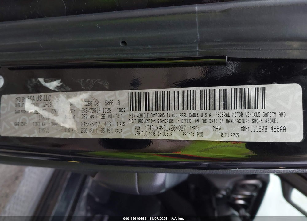 2020 JEEP WRANGLER / VIN: 1C4GJXAN6LW204897