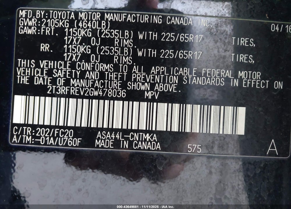 2016 TOYOTA RAV4 XLE VIN: 2T3RFREV2GW478036
