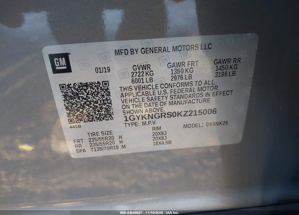 2019 CADILLAC XT5 PLATINUM VIN: 1GYKNGRS0KZ215006