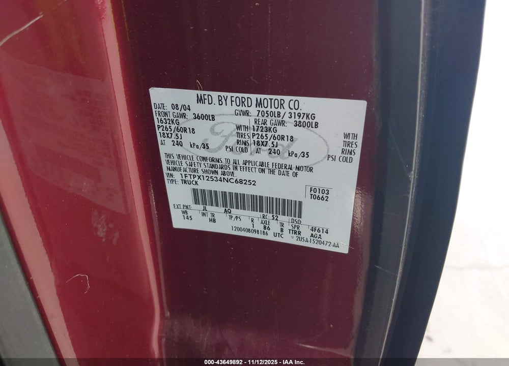 2004 FORD F-150 LARIAT/XL/XLT VIN: 1FTPX12534NC68252