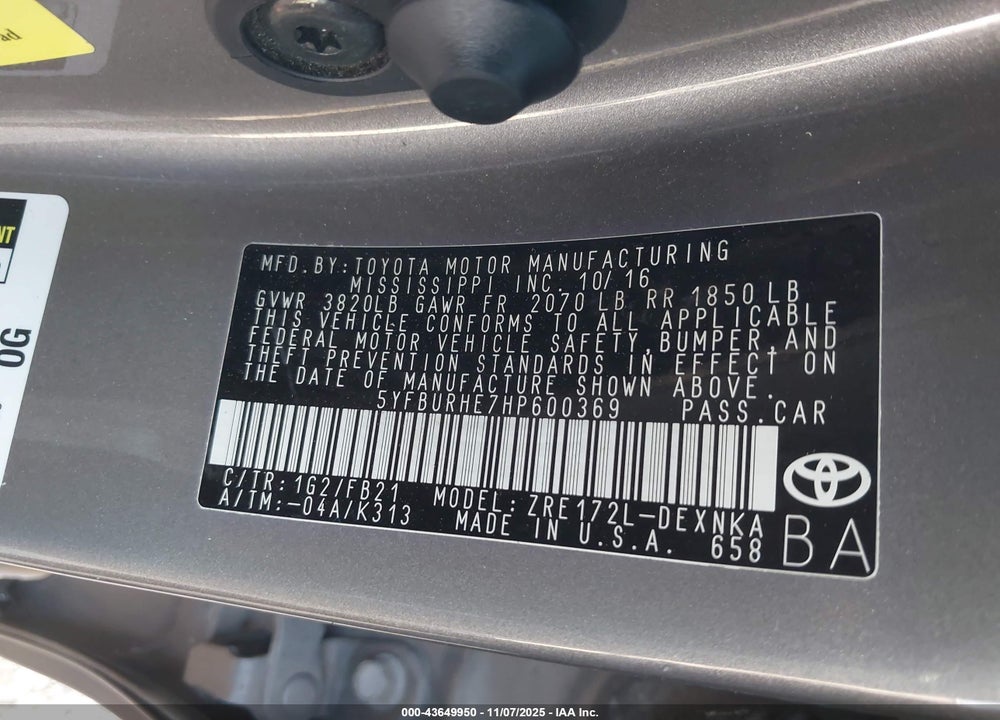 2017 TOYOTA COROLLA LE VIN: 5YFBURHE7HP600369
