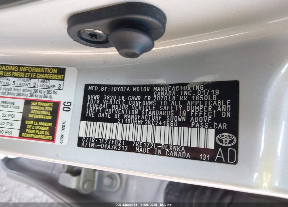 2019 TOYOTA COROLLA LE VIN: 2T1BURHE3KC241660