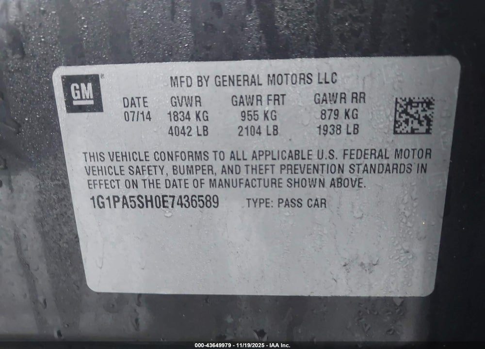 2014 CHEVROLET CRUZE LS AUTO VIN: 1G1PA5SH0E7436589