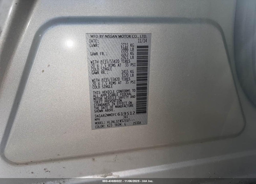 2015 NISSAN PATHFINDER PLATINUM VIN: 5N1AR2MM0FC619512
