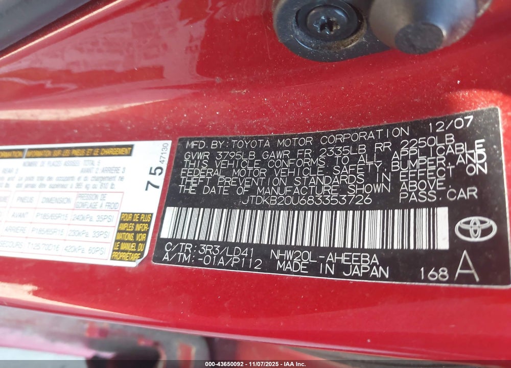 2008 TOYOTA PRIUS VIN: JTDKB20U683353726