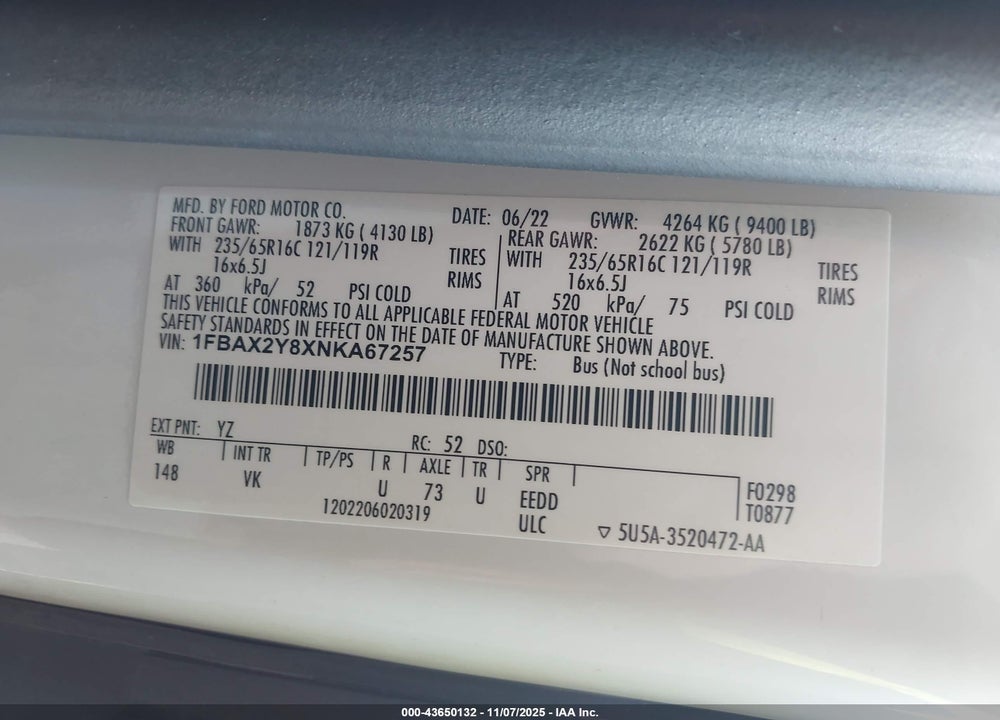 2022 FORD TRANSIT-350 PASSENGER VAN XL VIN: 1FBAX2Y8XNKA67257