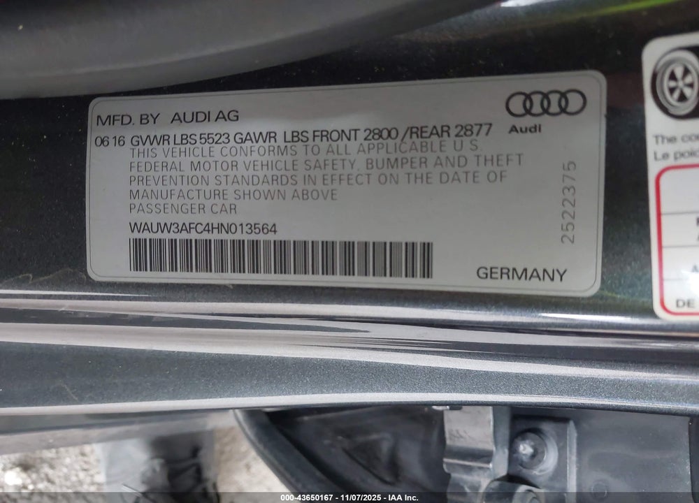 2017 AUDI A7 VIN: WAUW3AFC4HN013564