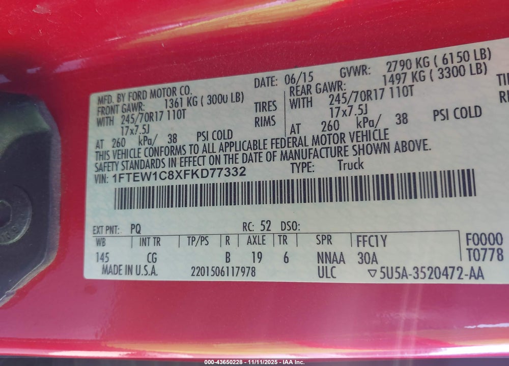 2015 FORD F-150 XL VIN: 1FTEW1C8XFKD77332