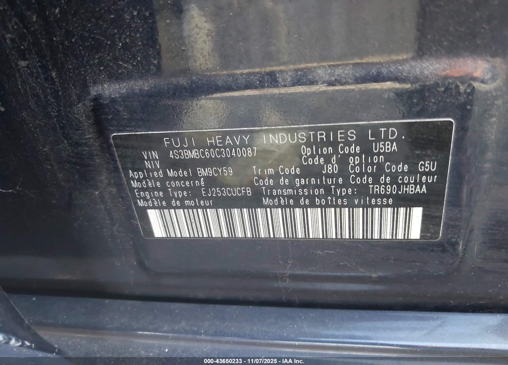 2012 SUBARU LEGACY 2.5I PREMIUM VIN: 4S3BMBC60C3040087