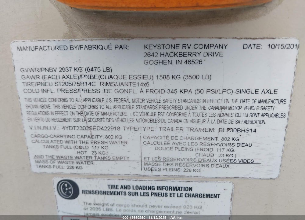 2014 KEYSTONE OTHER VIN: 4YDT23025ED422918