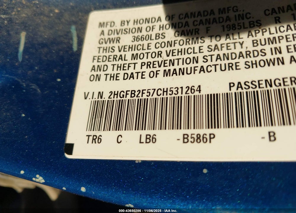 2012 HONDA CIVIC VIN: 2HGFB2F57CH531264