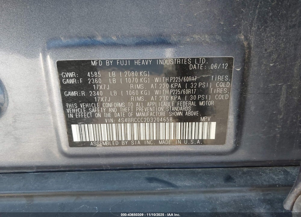 2013 SUBARU OUTBACK 2.5I PREMIUM VIN: 4S4BRCCC2D3204658