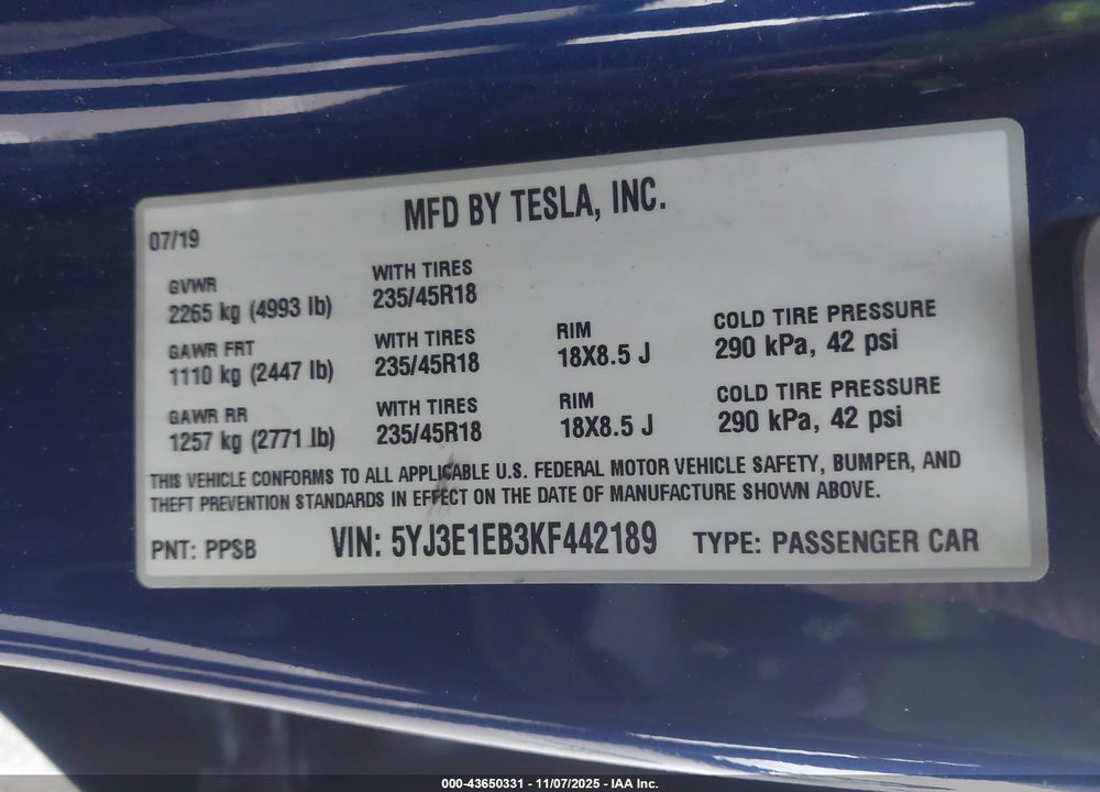 2019 TESLA MODEL 3 LONG RANGE/PERFORMANCE VIN: 5YJ3E1EB3KF442189