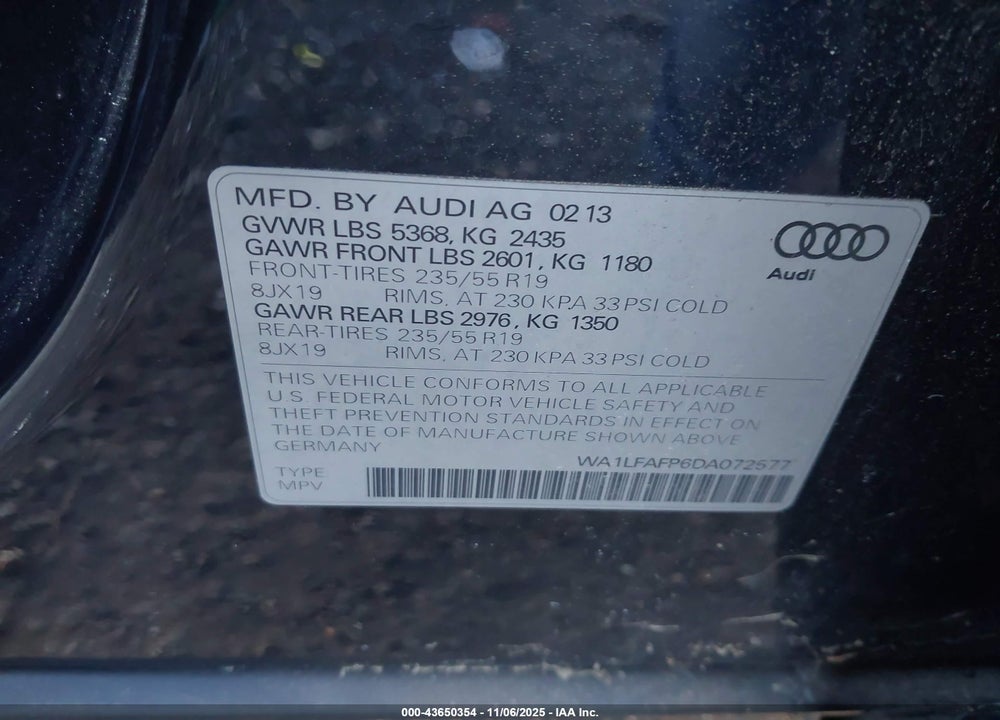 2013 AUDI Q5 2.0T PREMIUM VIN: WA1LFAFP6DA072577
