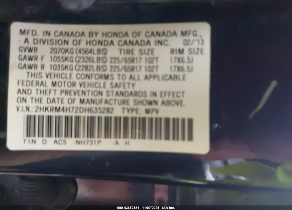 2013 HONDA CR-V EX-L VIN: 2HKRM4H72DH635282