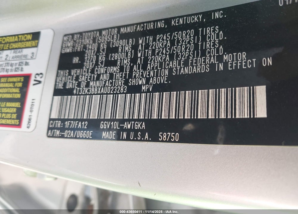 2010 TOYOTA VENZA BASE V6 VIN: 4T3ZK3BBXAU023283
