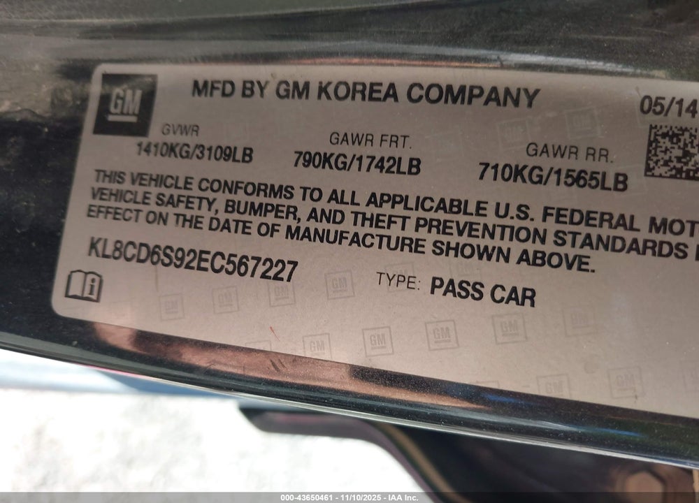 2014 CHEVROLET SPARK 1LT AUTO VIN: KL8CD6S92EC567227