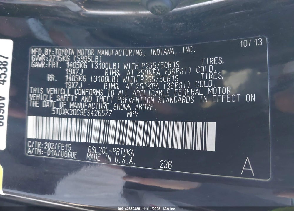 2014 TOYOTA SIENNA SE 8 PASSENGER VIN: 5TDXK3DC9ES426577