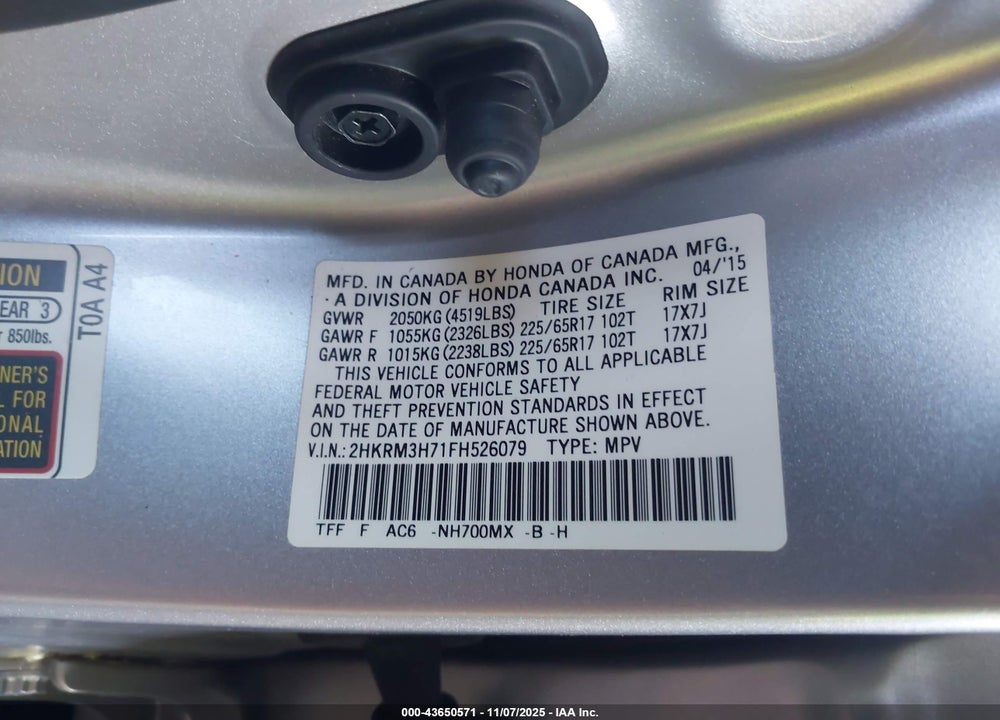 2015 HONDA CR-V EX-L VIN: 2HKRM3H71FH526079
