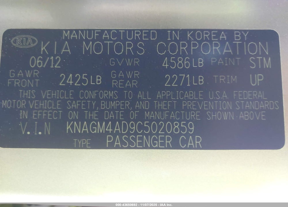 2012 KIA OPTIMA HYBRID EX VIN: KNAGM4AD9C5020859