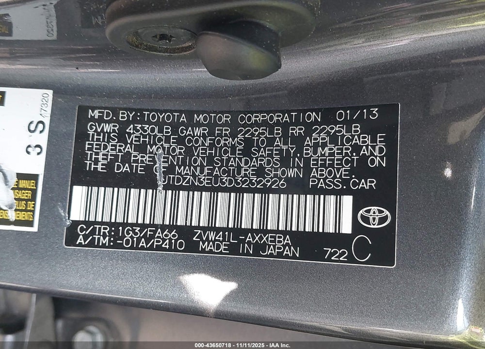 2013 TOYOTA PRIUS V TWO VIN: JTDZN3EU3D3232926