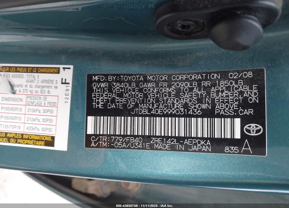 2009 TOYOTA COROLLA VIN: JTDBL40E999031436