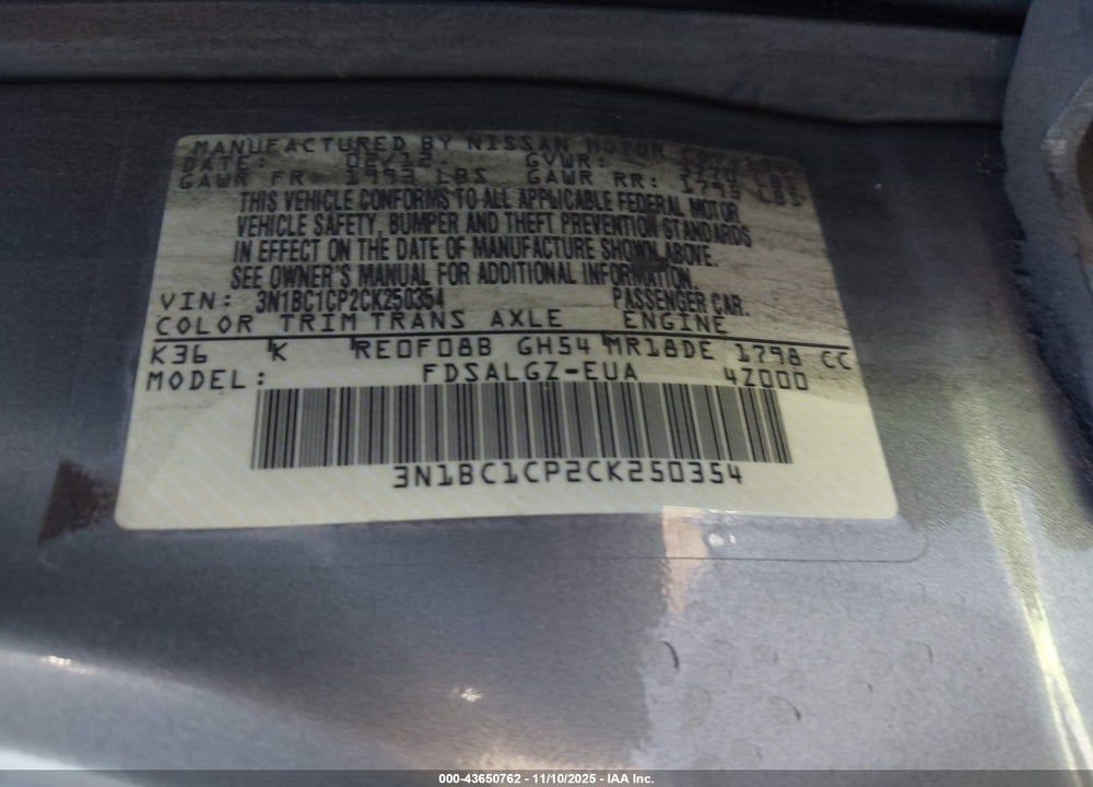 2012 NISSAN VERSA VIN: 3N1BC1CP2CK250354