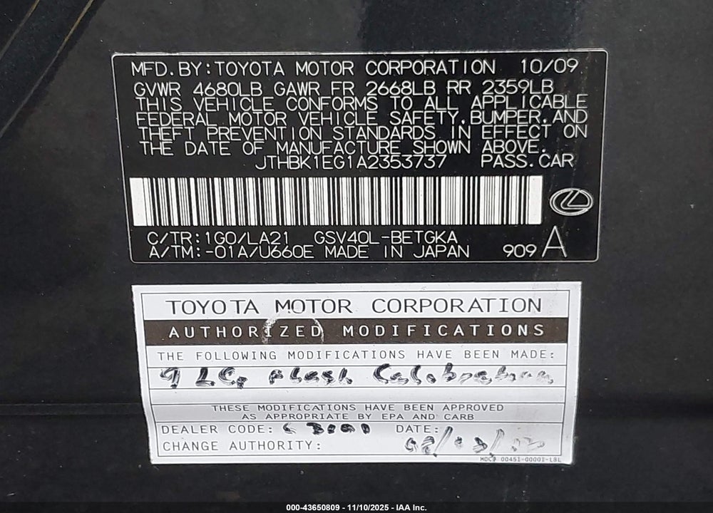 2010 LEXUS ES 350 VIN: JTHBK1EG1A2353737